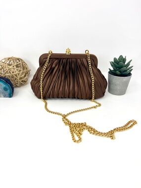 Vintage Sasha New York Brown Pleated Satin Evening Clutch